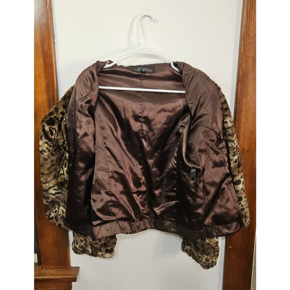 DONNA SALYERS FABULOUS Furs Brown Coat Jacket Faux Fur Trim Small Animal Print - Picture 3 of 9